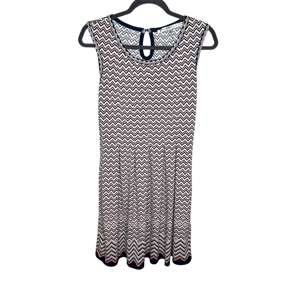 Max‎ Studio Chevron Dress S Peach Blue White Pinstripe A-Line Sleeveless Summer